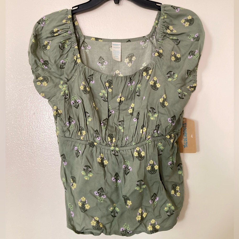 *BRAND NEW* Thereabouts Olive Green Yellow&Lavender Floral Puff Sleeve Rouge Top